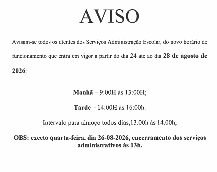 Serviços de Administração Escolar - novo horário