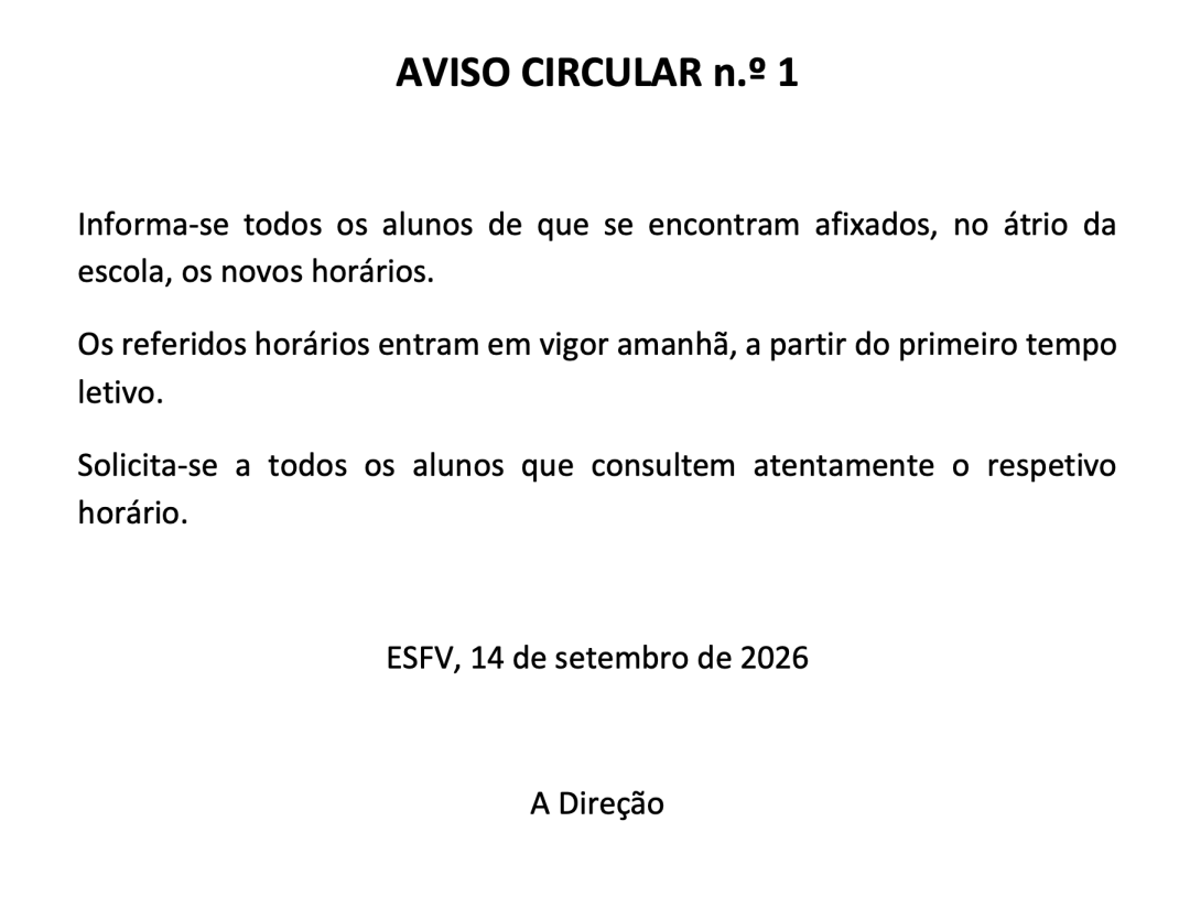 Aviso Circular 1 - Novos horários turmas